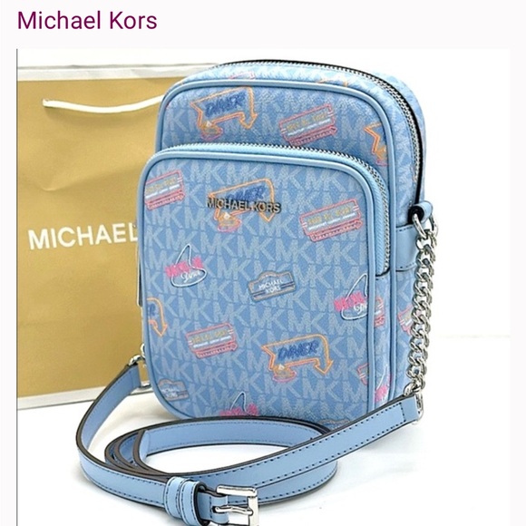 Michael Kors Jet Set med signature logo Light Blue Crossbody bag NS chain Xbody - Picture 1 of 13